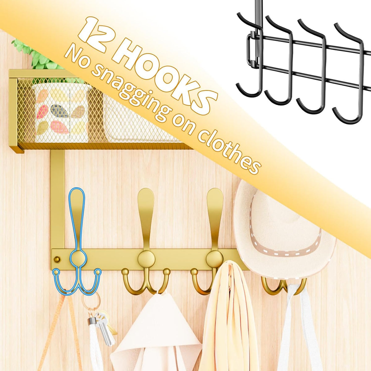 Over The Door Hooks Organizer,Over Door Hanger Towel Rack Mesh Basket with 12 Hooks,Back of Door Storage Organizer for Bedroom,Bathroom,Kitchen,Office(Black)
