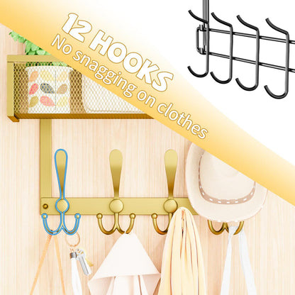 Over The Door Hooks Organizer,Over Door Hanger Towel Rack Mesh Basket with 12 Hooks,Back of Door Storage Organizer for Bedroom,Bathroom,Kitchen,Office(Black)