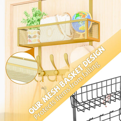 Over The Door Hooks Organizer,Over Door Hanger Towel Rack Mesh Basket with 12 Hooks,Back of Door Storage Organizer for Bedroom,Bathroom,Kitchen,Office(Black)