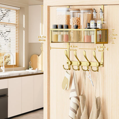 Over The Door Hooks Organizer,Over Door Hanger Towel Rack Mesh Basket with 12 Hooks,Back of Door Storage Organizer for Bedroom,Bathroom,Kitchen,Office(Black)