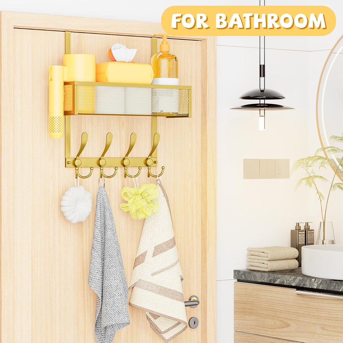 Over The Door Hooks Organizer,Over Door Hanger Towel Rack Mesh Basket with 12 Hooks,Back of Door Storage Organizer for Bedroom,Bathroom,Kitchen,Office(Black)