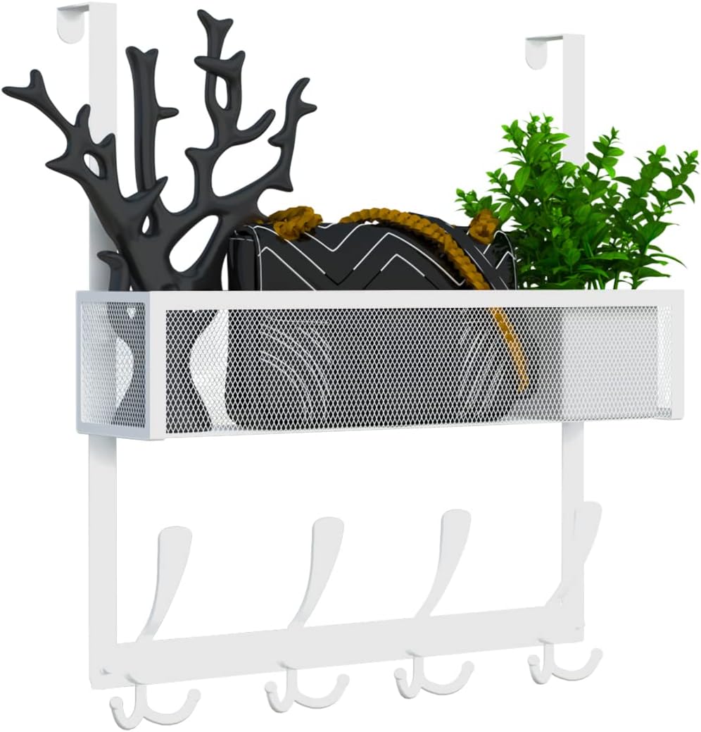 Over The Door Hooks Organizer,Over Door Hanger Towel Rack Mesh Basket with 12 Hooks,Back of Door Storage Organizer for Bedroom,Bathroom,Kitchen,Office(Black)