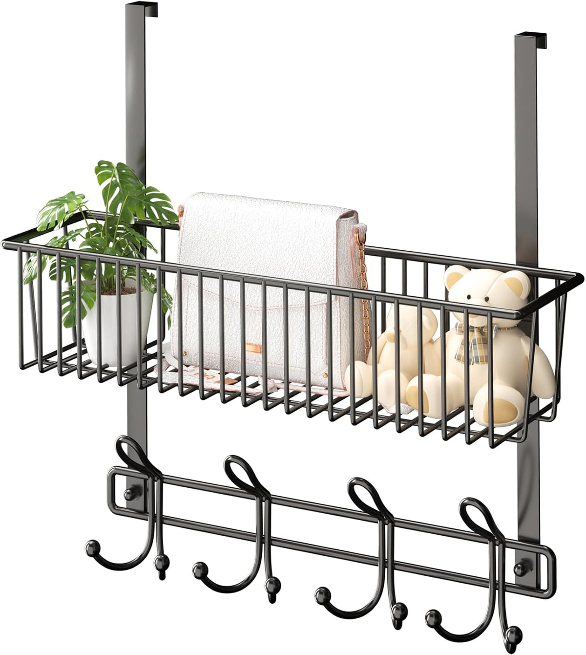 Over The Door Hooks Organizer,Over Door Hanger Towel Rack Mesh Basket with 12 Hooks,Back of Door Storage Organizer for Bedroom,Bathroom,Kitchen,Office(Black)
