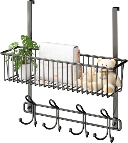 Over The Door Hooks Organizer,Over Door Hanger Towel Rack Mesh Basket with 12 Hooks,Back of Door Storage Organizer for Bedroom,Bathroom,Kitchen,Office(Black)