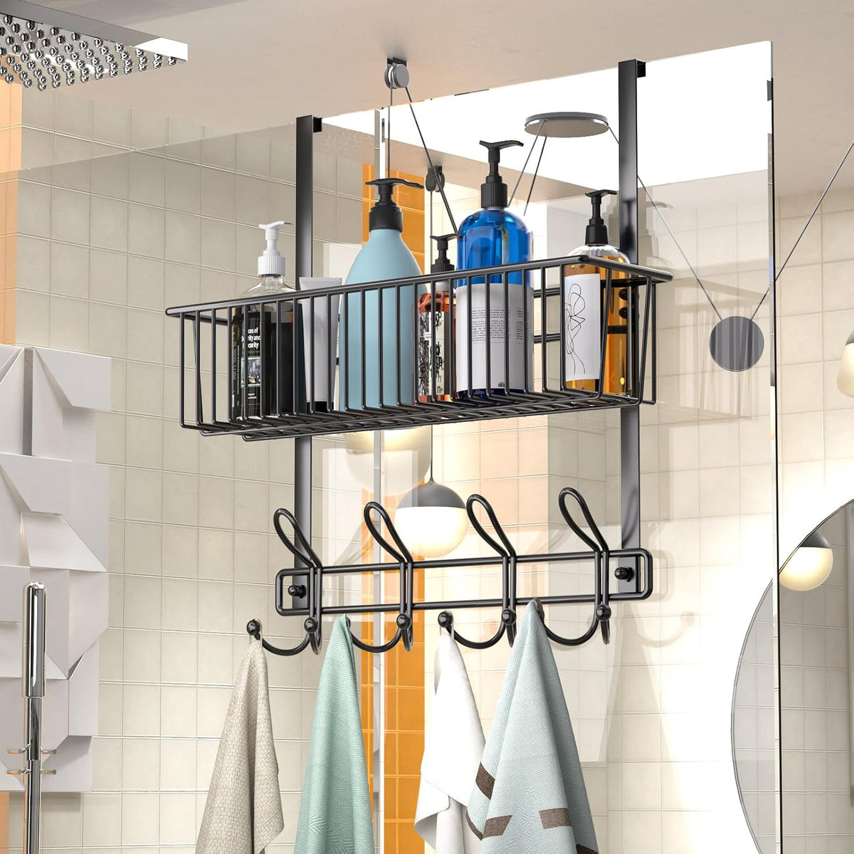 Over The Door Hooks Organizer,Over Door Hanger Towel Rack Mesh Basket with 12 Hooks,Back of Door Storage Organizer for Bedroom,Bathroom,Kitchen,Office(Black)