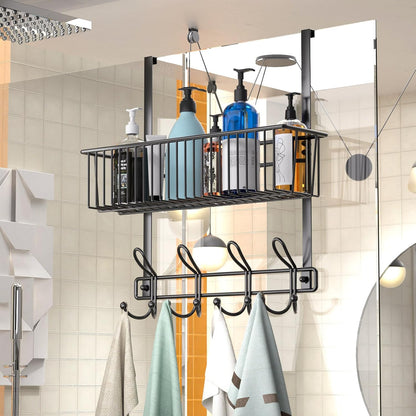 Over The Door Hooks Organizer,Over Door Hanger Towel Rack Mesh Basket with 12 Hooks,Back of Door Storage Organizer for Bedroom,Bathroom,Kitchen,Office(Black)