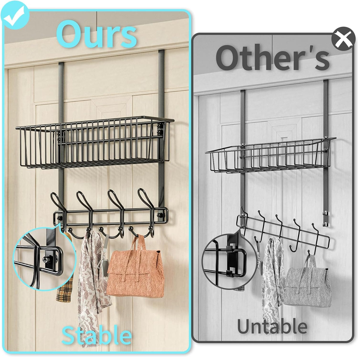 Over The Door Hooks Organizer,Over Door Hanger Towel Rack Mesh Basket with 12 Hooks,Back of Door Storage Organizer for Bedroom,Bathroom,Kitchen,Office(Black)