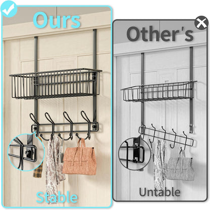 Over The Door Hooks Organizer,Over Door Hanger Towel Rack Mesh Basket with 12 Hooks,Back of Door Storage Organizer for Bedroom,Bathroom,Kitchen,Office(Black)