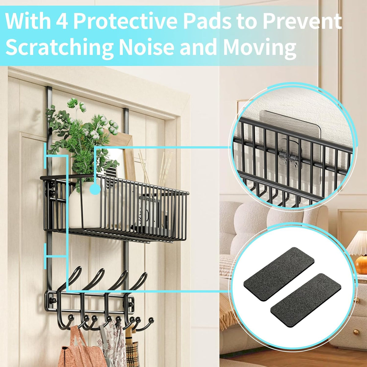 Over The Door Hooks Organizer,Over Door Hanger Towel Rack Mesh Basket with 12 Hooks,Back of Door Storage Organizer for Bedroom,Bathroom,Kitchen,Office(Black)