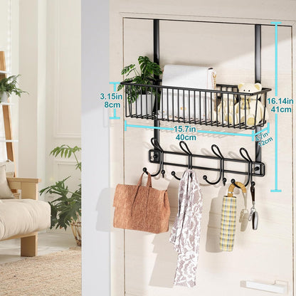 Over The Door Hooks Organizer,Over Door Hanger Towel Rack Mesh Basket with 12 Hooks,Back of Door Storage Organizer for Bedroom,Bathroom,Kitchen,Office(Black)