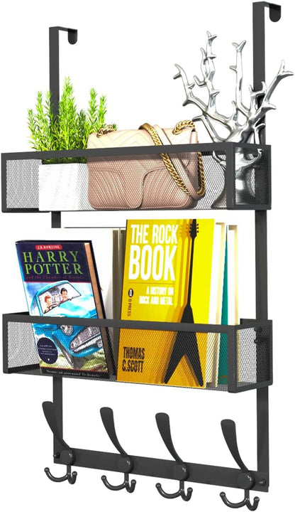Over The Door Hooks Organizer,Over Door Hanger Towel Rack Mesh Basket with 12 Hooks,Back of Door Storage Organizer for Bedroom,Bathroom,Kitchen,Office(Black)