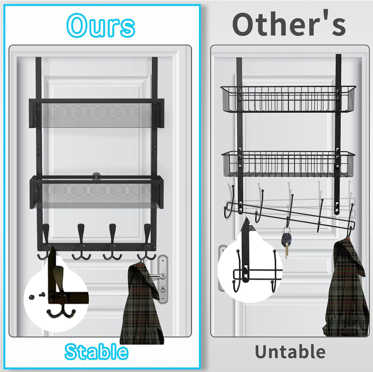 Over The Door Hooks Organizer,Over Door Hanger Towel Rack Mesh Basket with 12 Hooks,Back of Door Storage Organizer for Bedroom,Bathroom,Kitchen,Office(Black)