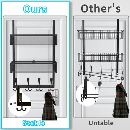 Over The Door Hooks Organizer,Over Door Hanger Towel Rack Mesh Basket with 12 Hooks,Back of Door Storage Organizer for Bedroom,Bathroom,Kitchen,Office(Black)