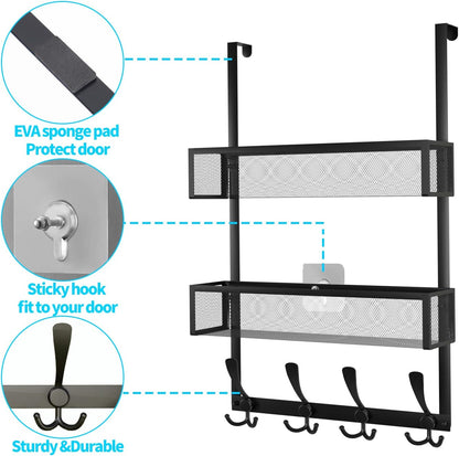 Over The Door Hooks Organizer,Over Door Hanger Towel Rack Mesh Basket with 12 Hooks,Back of Door Storage Organizer for Bedroom,Bathroom,Kitchen,Office(Black)