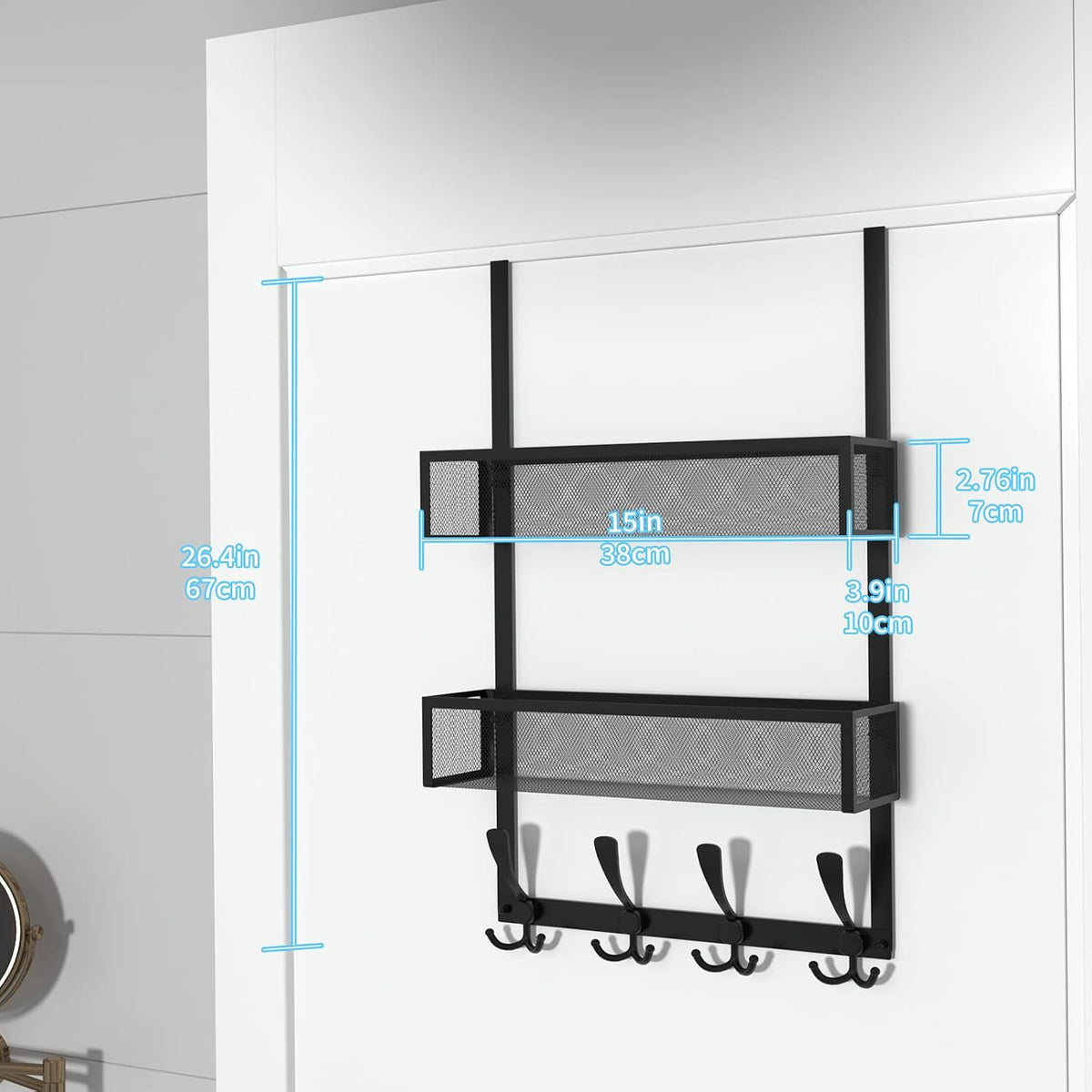 Over The Door Hooks Organizer,Over Door Hanger Towel Rack Mesh Basket with 12 Hooks,Back of Door Storage Organizer for Bedroom,Bathroom,Kitchen,Office(Black)