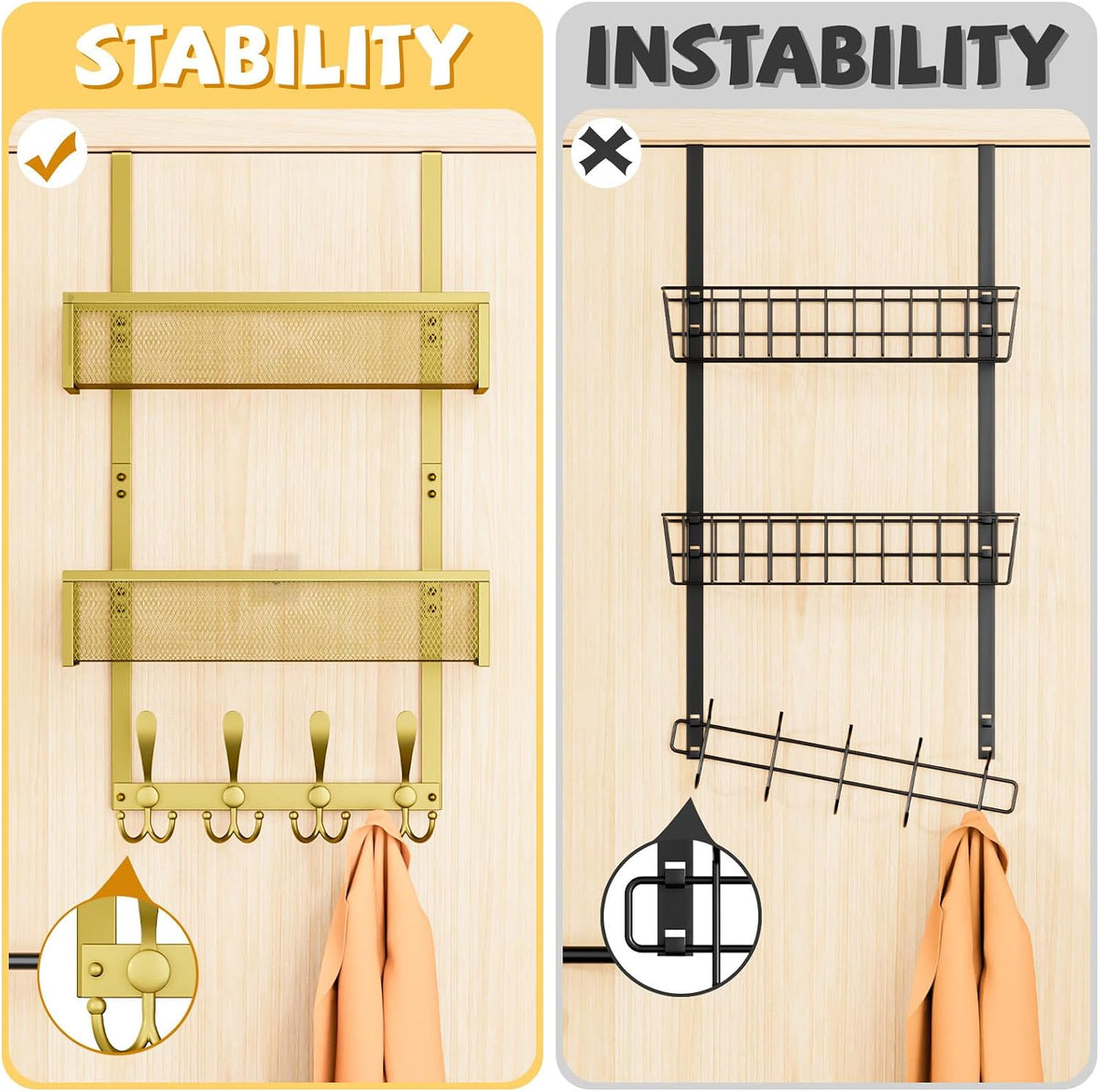 Over The Door Hooks Organizer,Over Door Hanger Towel Rack Mesh Basket with 12 Hooks,Back of Door Storage Organizer for Bedroom,Bathroom,Kitchen,Office(Black)