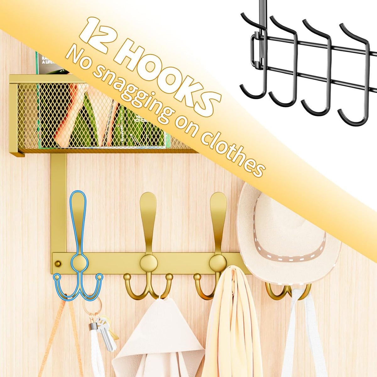 Over The Door Hooks Organizer,Over Door Hanger Towel Rack Mesh Basket with 12 Hooks,Back of Door Storage Organizer for Bedroom,Bathroom,Kitchen,Office(Black)