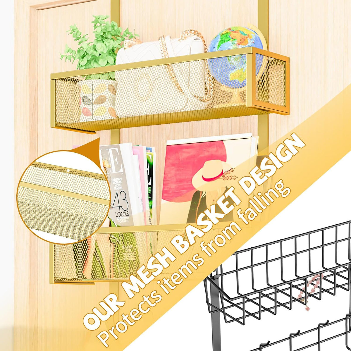 Over The Door Hooks Organizer,Over Door Hanger Towel Rack Mesh Basket with 12 Hooks,Back of Door Storage Organizer for Bedroom,Bathroom,Kitchen,Office(Black)