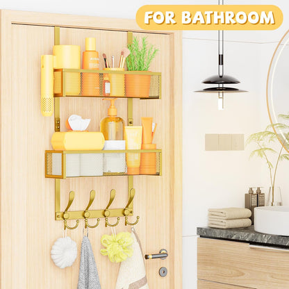 Over The Door Hooks Organizer,Over Door Hanger Towel Rack Mesh Basket with 12 Hooks,Back of Door Storage Organizer for Bedroom,Bathroom,Kitchen,Office(Black)