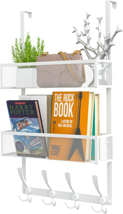 Over The Door Hooks Organizer,Over Door Hanger Towel Rack Mesh Basket with 12 Hooks,Back of Door Storage Organizer for Bedroom,Bathroom,Kitchen,Office(Black)