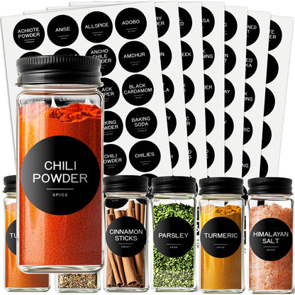 245 Spice Jar Labels - Round Preprinted Minimalist Waterproof Stickers for Kitchen Jars, Herb & Seasoning Labels for Pantry Organization (Black)