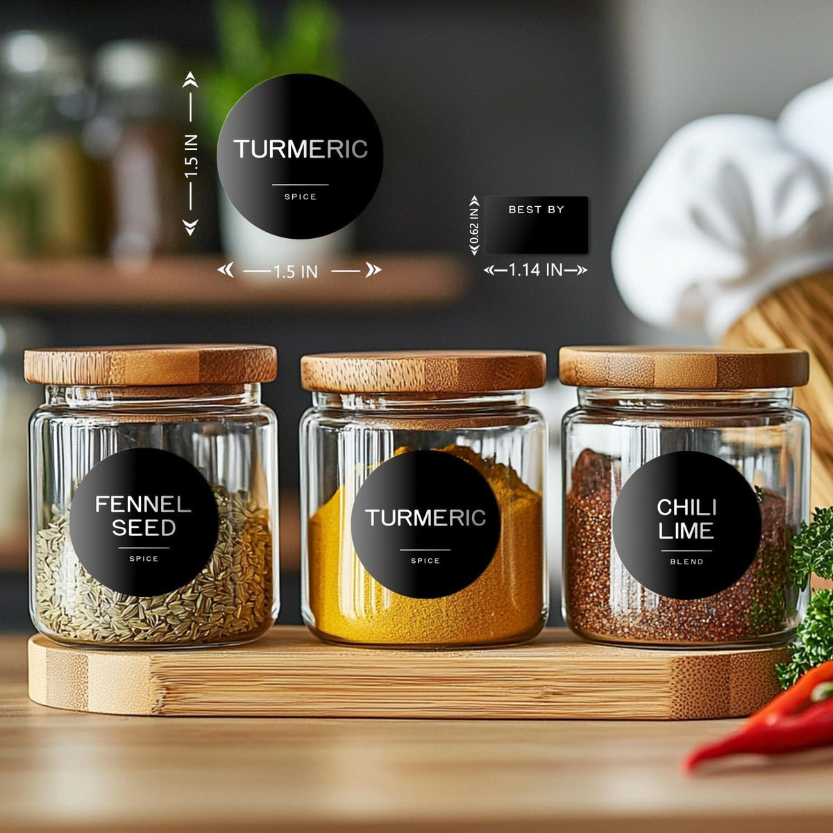 245 Spice Jar Labels - Round Preprinted Minimalist Waterproof Stickers for Kitchen Jars, Herb & Seasoning Labels for Pantry Organization (Black)
