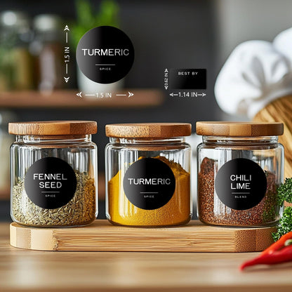245 Spice Jar Labels - Round Preprinted Minimalist Waterproof Stickers for Kitchen Jars, Herb & Seasoning Labels for Pantry Organization (Black)