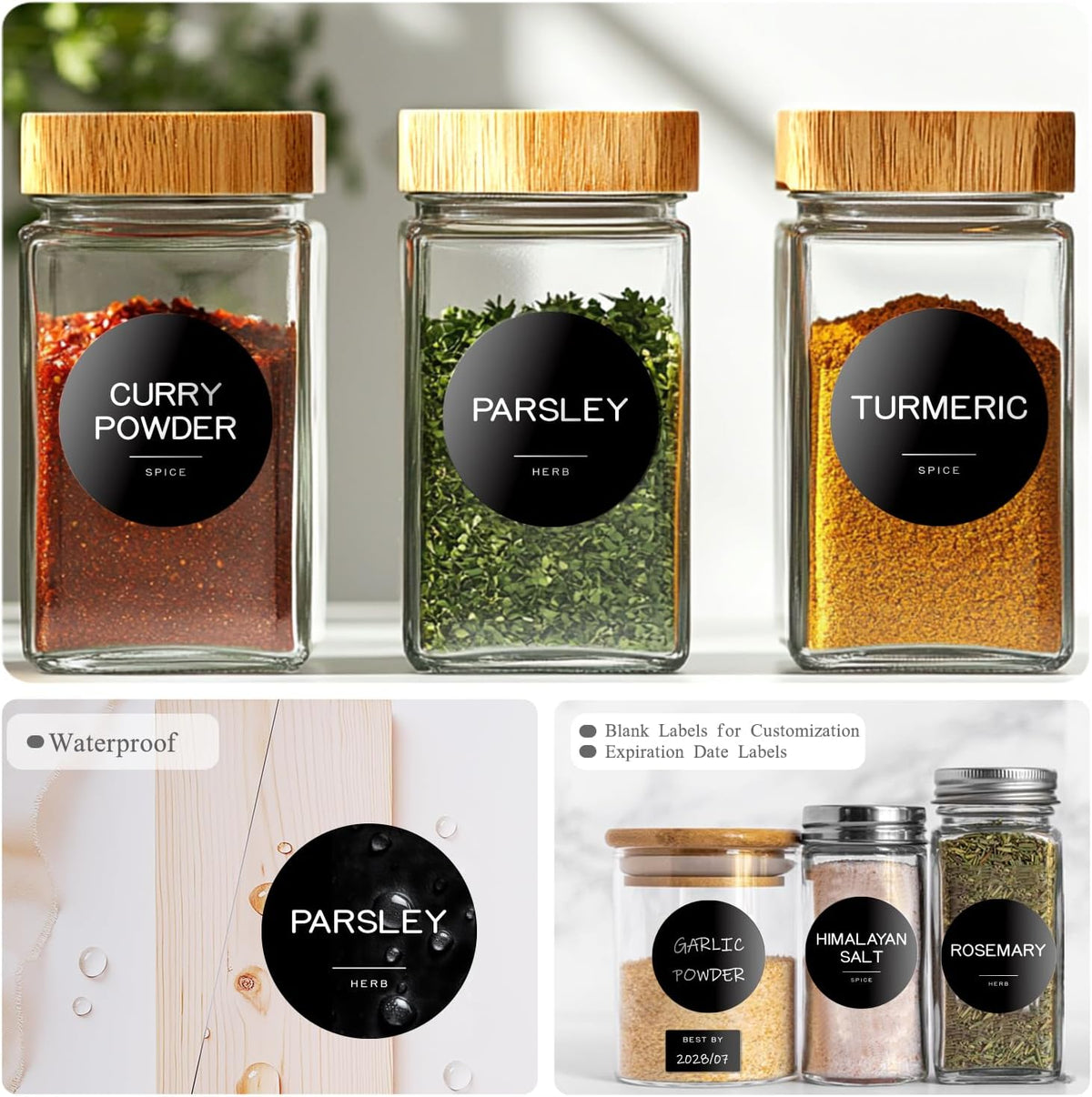 245 Spice Jar Labels - Round Preprinted Minimalist Waterproof Stickers for Kitchen Jars, Herb & Seasoning Labels for Pantry Organization (Black)