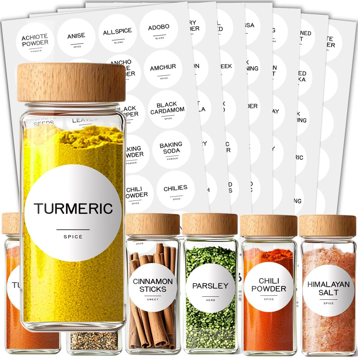 245 Spice Jar Labels - Round Preprinted Minimalist Waterproof Stickers for Kitchen Jars, Herb & Seasoning Labels for Pantry Organization (Black)