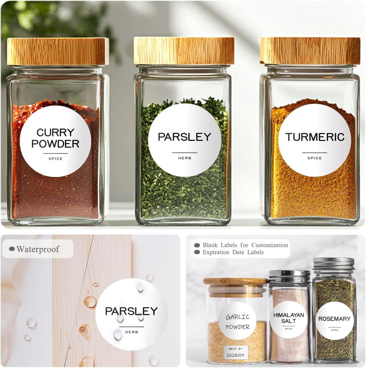 245 Spice Jar Labels - Round Preprinted Minimalist Waterproof Stickers for Kitchen Jars, Herb & Seasoning Labels for Pantry Organization (Black)