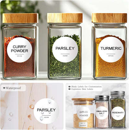 245 Spice Jar Labels - Round Preprinted Minimalist Waterproof Stickers for Kitchen Jars, Herb & Seasoning Labels for Pantry Organization (Black)