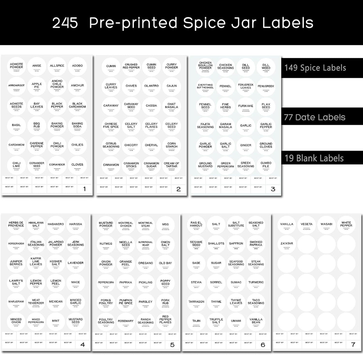 245 Spice Jar Labels - Round Preprinted Minimalist Waterproof Stickers for Kitchen Jars, Herb & Seasoning Labels for Pantry Organization (Black)