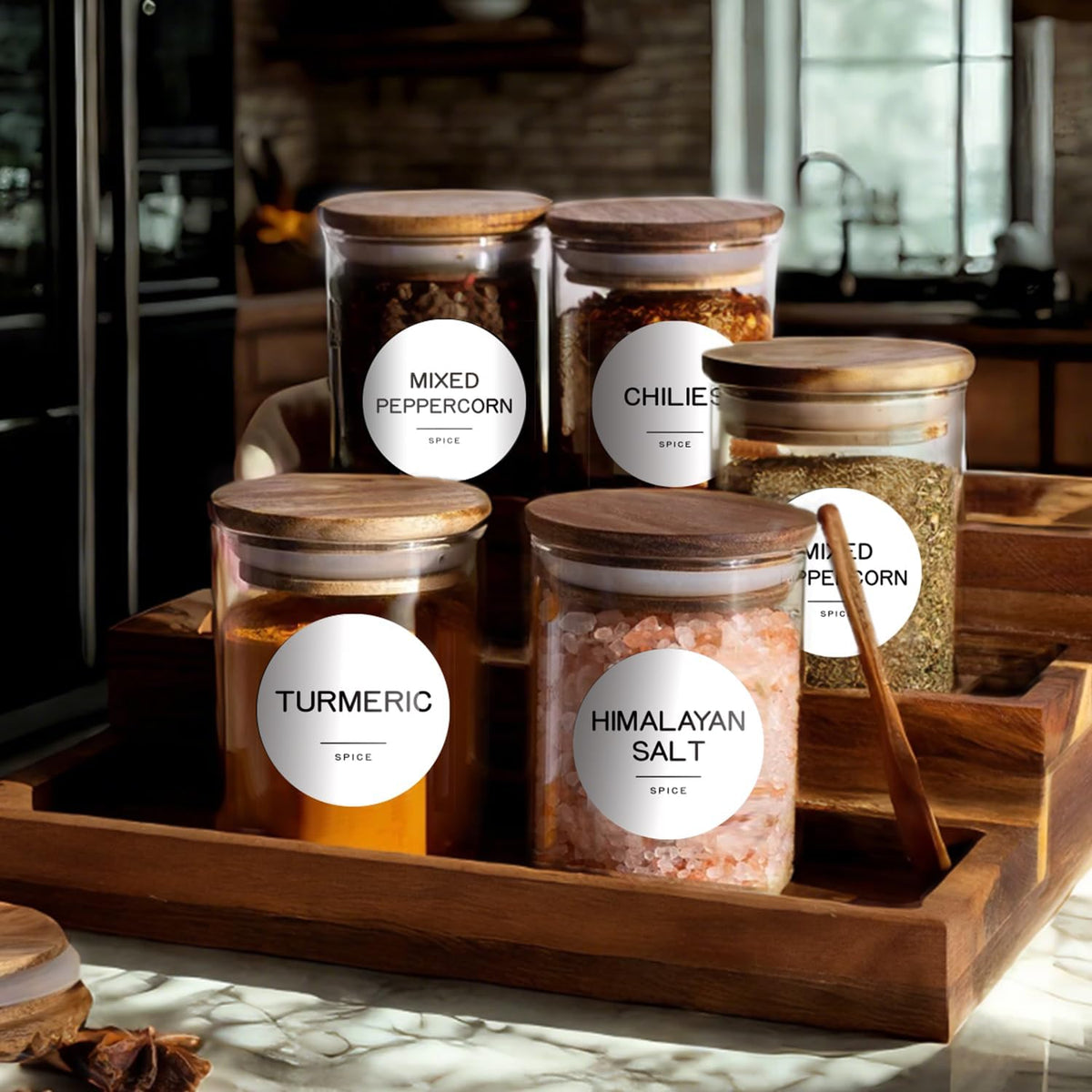 245 Spice Jar Labels - Round Preprinted Minimalist Waterproof Stickers for Kitchen Jars, Herb & Seasoning Labels for Pantry Organization (Black)