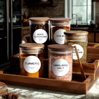 245 Spice Jar Labels - Round Preprinted Minimalist Waterproof Stickers for Kitchen Jars, Herb & Seasoning Labels for Pantry Organization (Black)