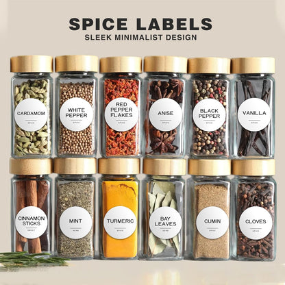 245 Spice Jar Labels - Round Preprinted Minimalist Waterproof Stickers for Kitchen Jars, Herb & Seasoning Labels for Pantry Organization (Black)