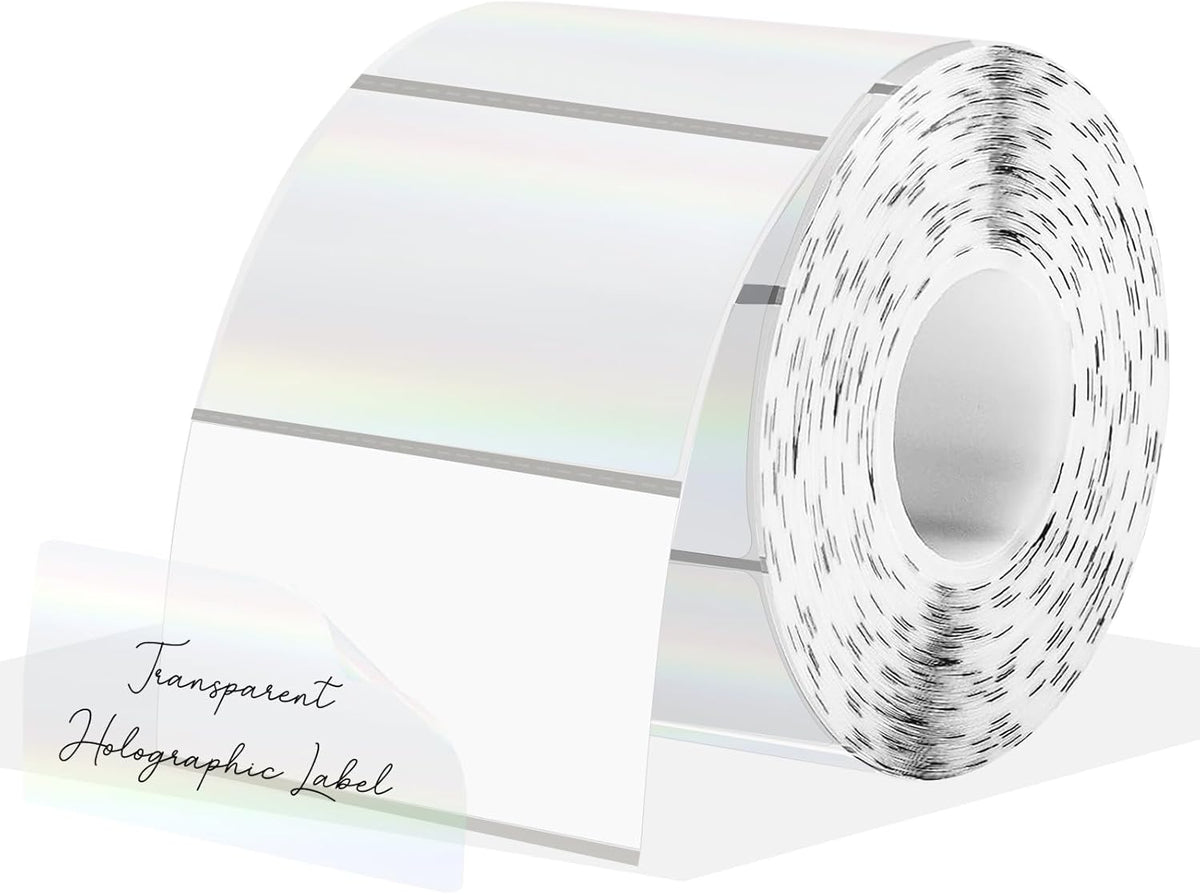 2" Round Transparent Thermal Label Stickers, Holographic Clear Self-Adhesive Direct Thermal Labels, Perforation Line Design& Waterproof- 300 Sheets