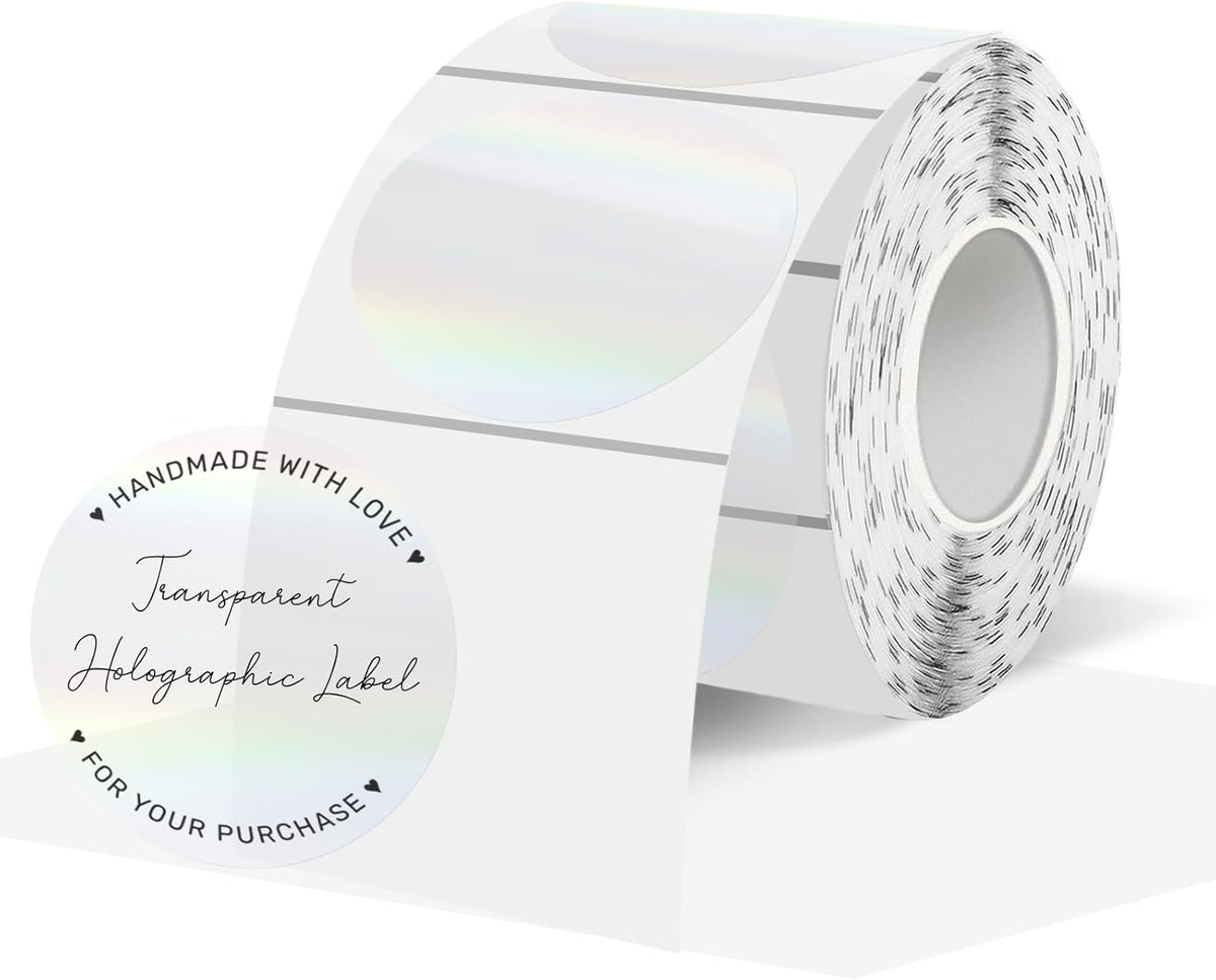 2" Round Transparent Thermal Label Stickers, Holographic Clear Self-Adhesive Direct Thermal Labels, Perforation Line Design& Waterproof- 300 Sheets