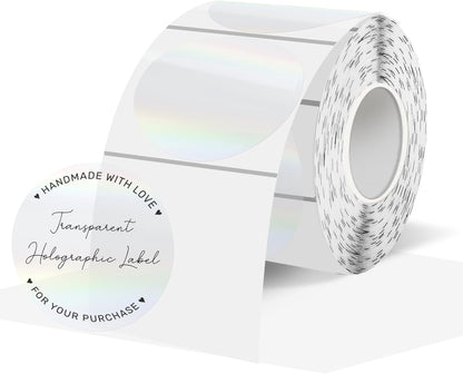 2" Round Transparent Thermal Label Stickers, Holographic Clear Self-Adhesive Direct Thermal Labels, Perforation Line Design& Waterproof- 300 Sheets