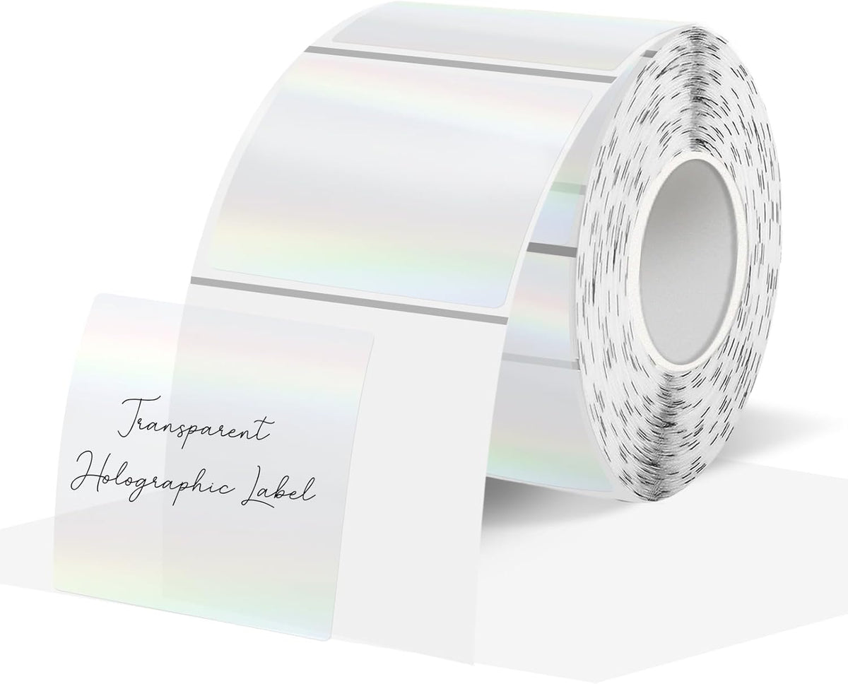2" Round Transparent Thermal Label Stickers, Holographic Clear Self-Adhesive Direct Thermal Labels, Perforation Line Design& Waterproof- 300 Sheets