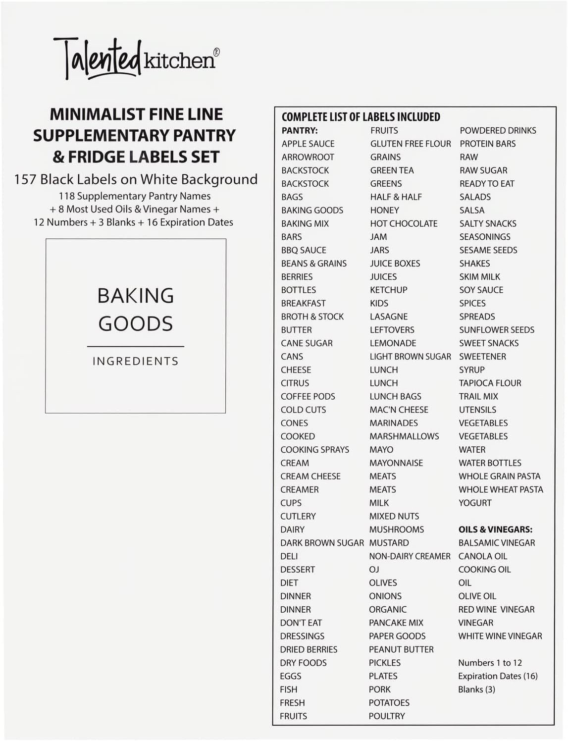 Pantry Labels for Containers - 144 Matte Vinyl Stickers, 2.5 x 2.5 in, Black on White, Water Resistant - Food Labels & Ingredient Stickers for Spice Jars & Baking Organization