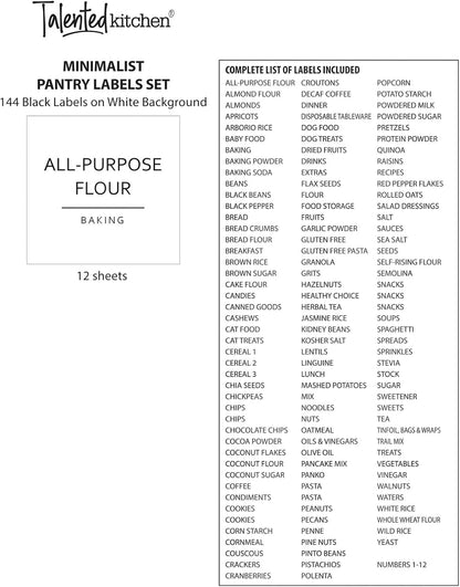 Pantry Labels for Containers - 144 Matte Vinyl Stickers, 2.5 x 2.5 in, Black on White, Water Resistant - Food Labels & Ingredient Stickers for Spice Jars & Baking Organization