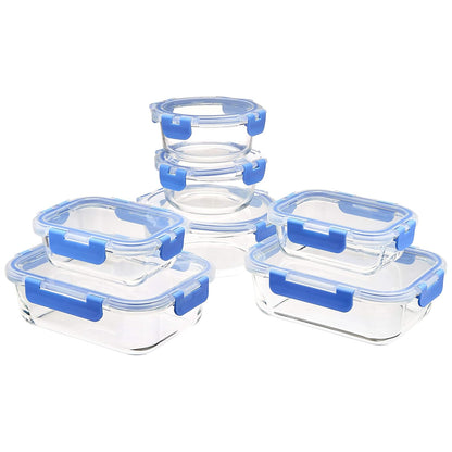 Glass Food Storage Containers, Leak Proof, Oven Safe, Easy to Clean, Stain Resistant, Set of 7, 14 Pieces Including Lids, BPA-Free, Clear with Blue Silicone Ring
