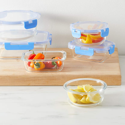 Glass Food Storage Containers, Leak Proof, Oven Safe, Easy to Clean, Stain Resistant, Set of 7, 14 Pieces Including Lids, BPA-Free, Clear with Blue Silicone Ring