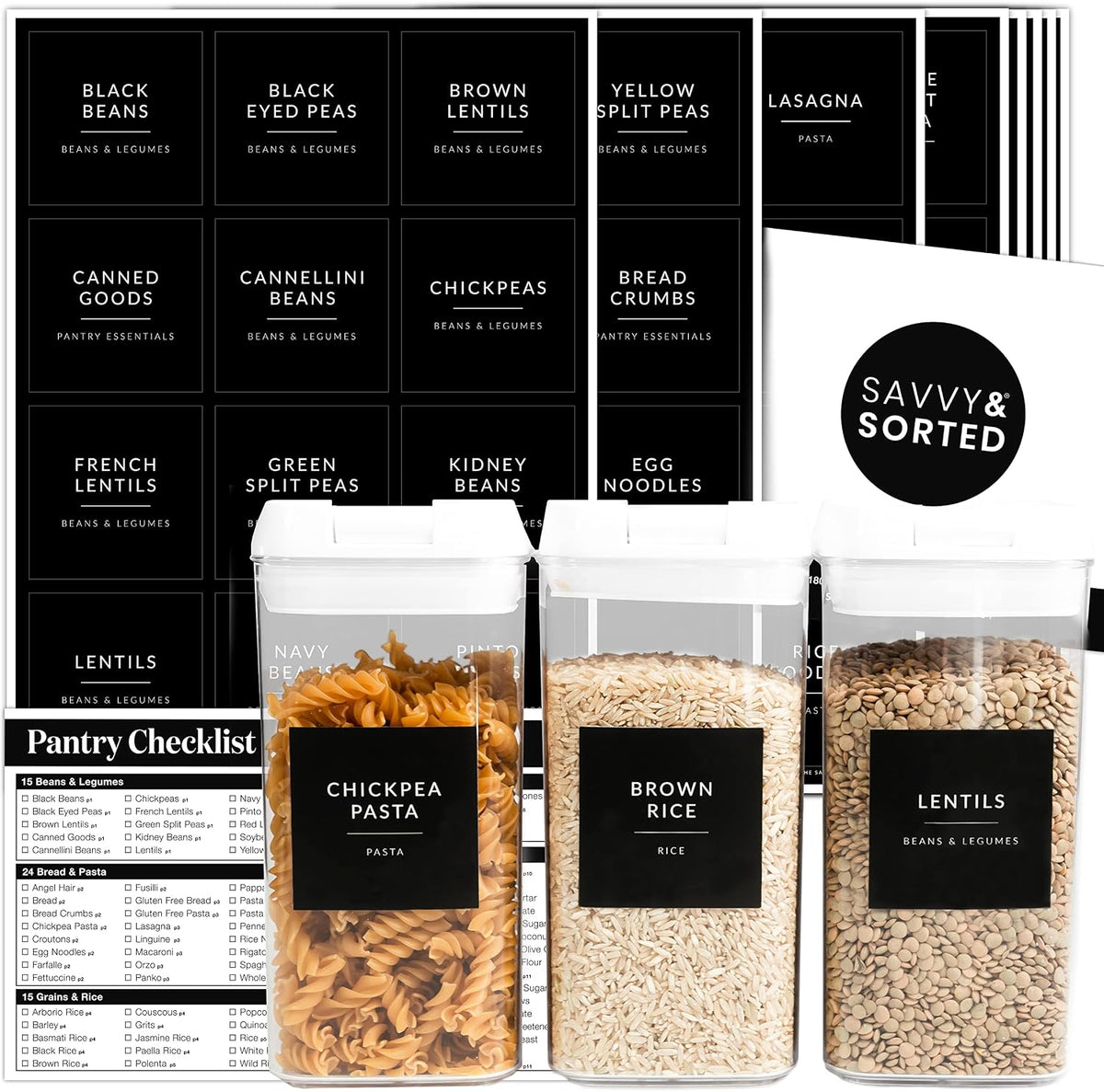 Minimalist Pantry Labels, 180 Waterproof Vinyl Stickers for Food Containers - Kitchen Labels for Organizing Storage Bins, Jars, Kitchen