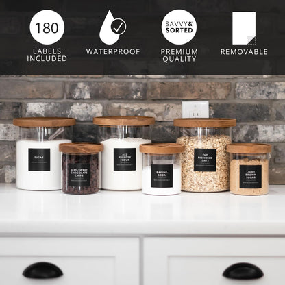 Minimalist Pantry Labels, 180 Waterproof Vinyl Stickers for Food Containers - Kitchen Labels for Organizing Storage Bins, Jars, Kitchen