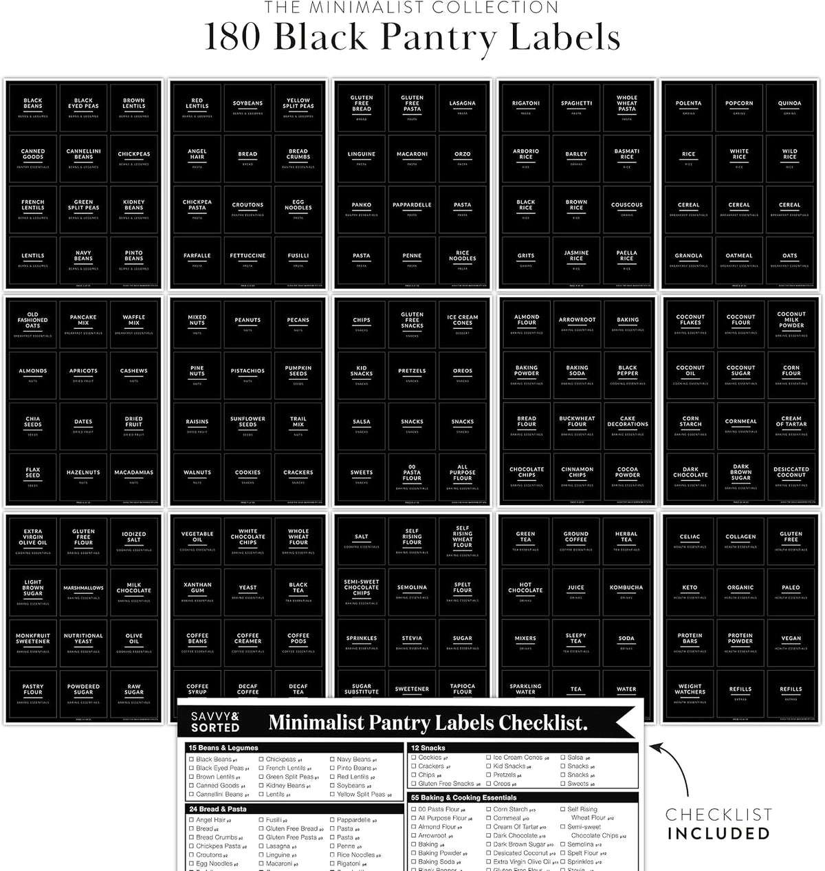 Minimalist Pantry Labels, 180 Waterproof Vinyl Stickers for Food Containers - Kitchen Labels for Organizing Storage Bins, Jars, Kitchen