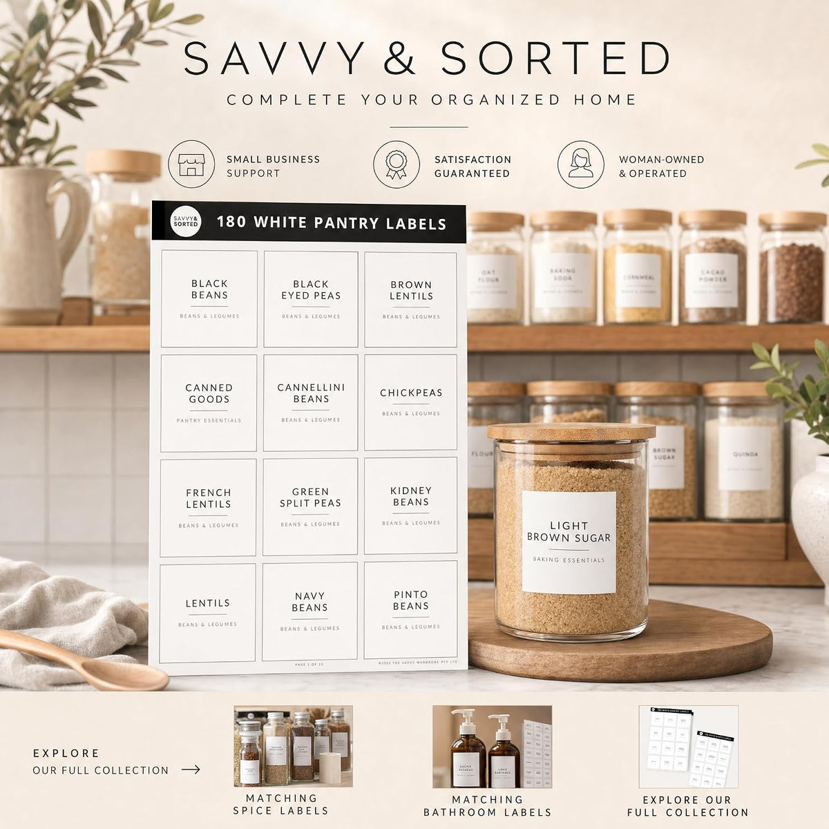 Minimalist Pantry Labels, 180 Waterproof Vinyl Stickers for Food Containers - Kitchen Labels for Organizing Storage Bins, Jars, Kitchen