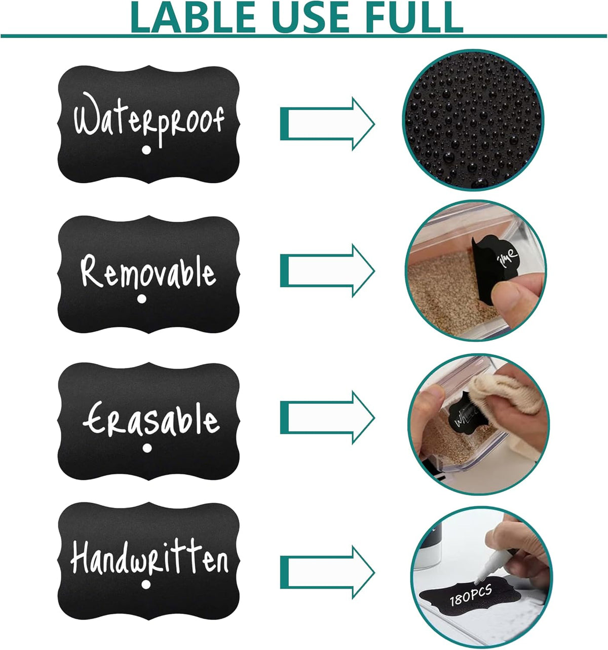 180pcs Chalkboard Labels with 1 Chalk Marker Removable Labels | Erasable Reusable labels for Jars, Craft Rooms,Storage,Pantry Containers and Storage Bin Organize Your Home Kitchen,2x2.95"