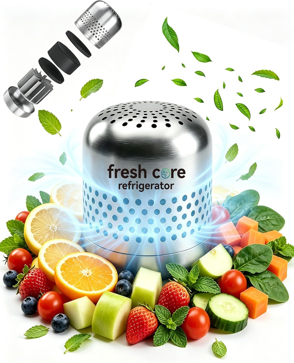 Refrigerator Deodorizer, Nano-Catalytic Stainless Steel Odor Eliminator, Compact Storage Design, Extends Grocery Life, 10-Year Odor Eliminator for Fridge Freezer Car Closet，1Pcs