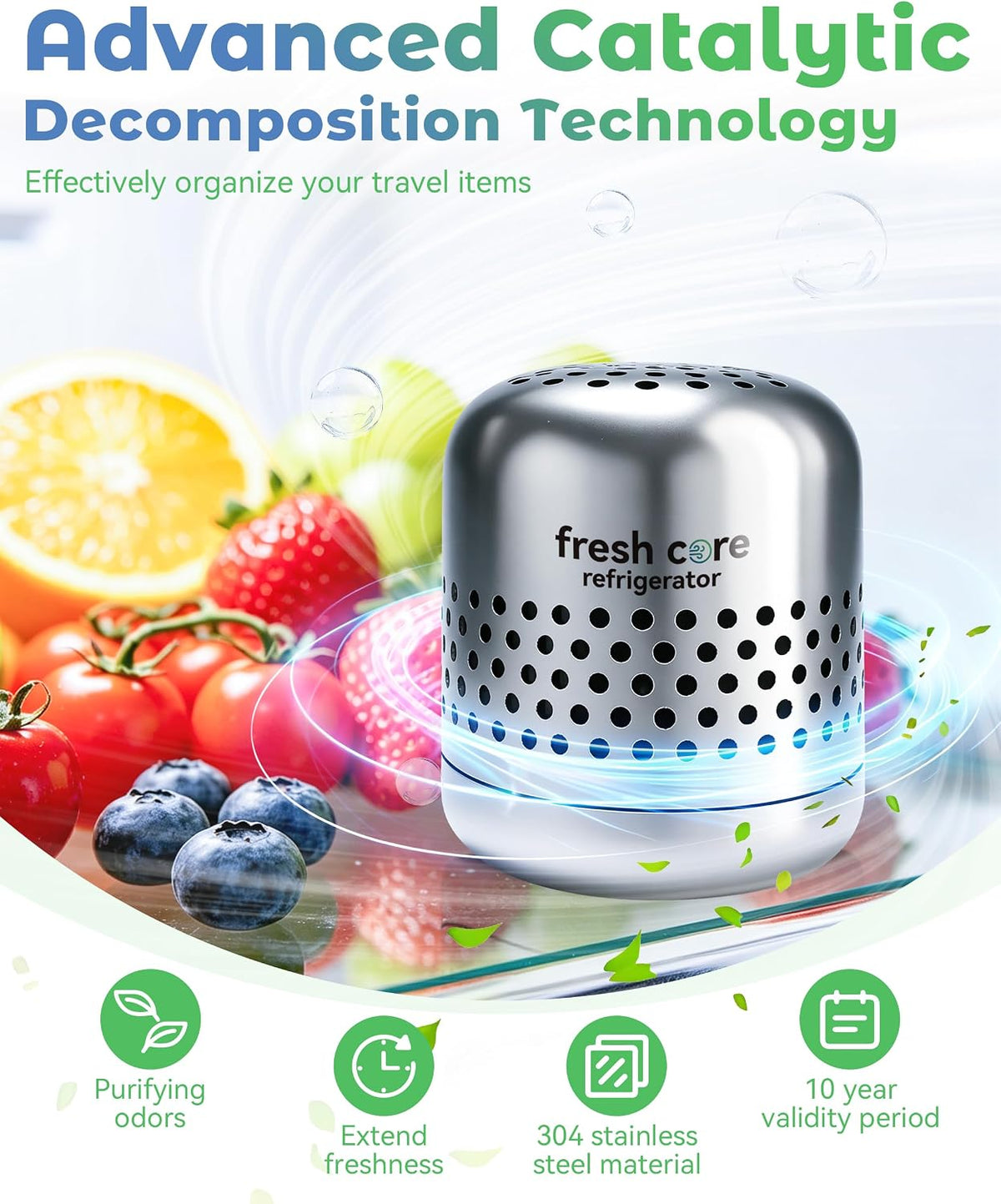 Refrigerator Deodorizer, Nano-Catalytic Stainless Steel Odor Eliminator, Compact Storage Design, Extends Grocery Life, 10-Year Odor Eliminator for Fridge Freezer Car Closet，1Pcs